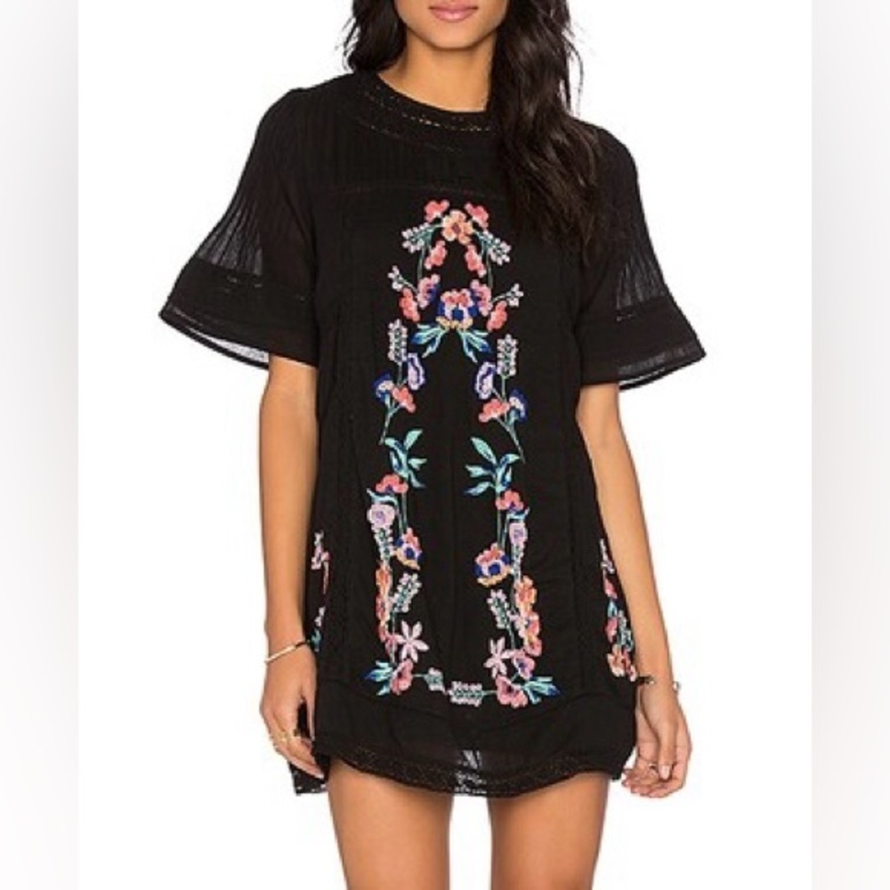 Free People Perfectly Victorian Black with Floral Embroidery Mini Dress - Picture 10 of 10